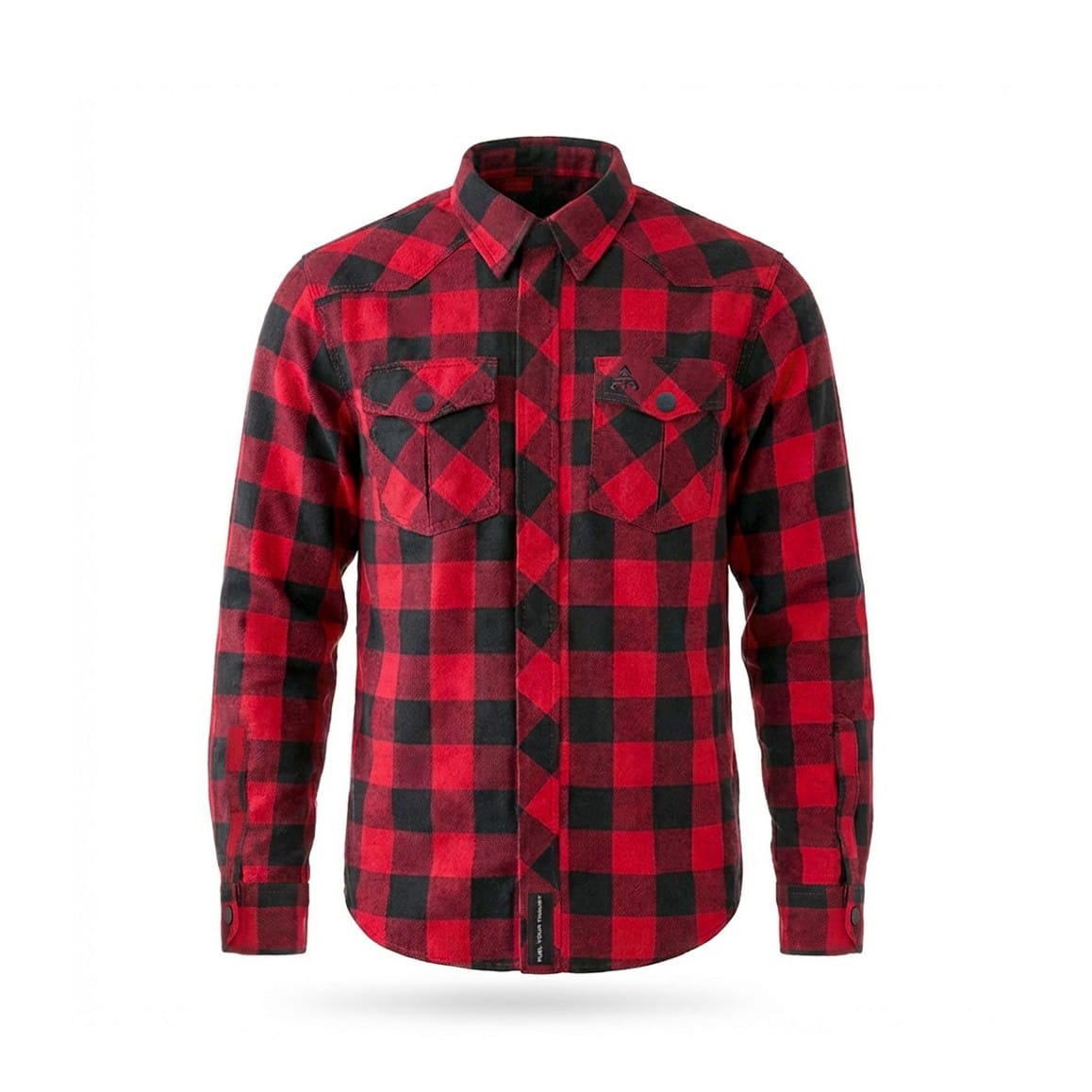 Red protective flannel motorcycle shirt in black check, front view for you-ride-we-protect page