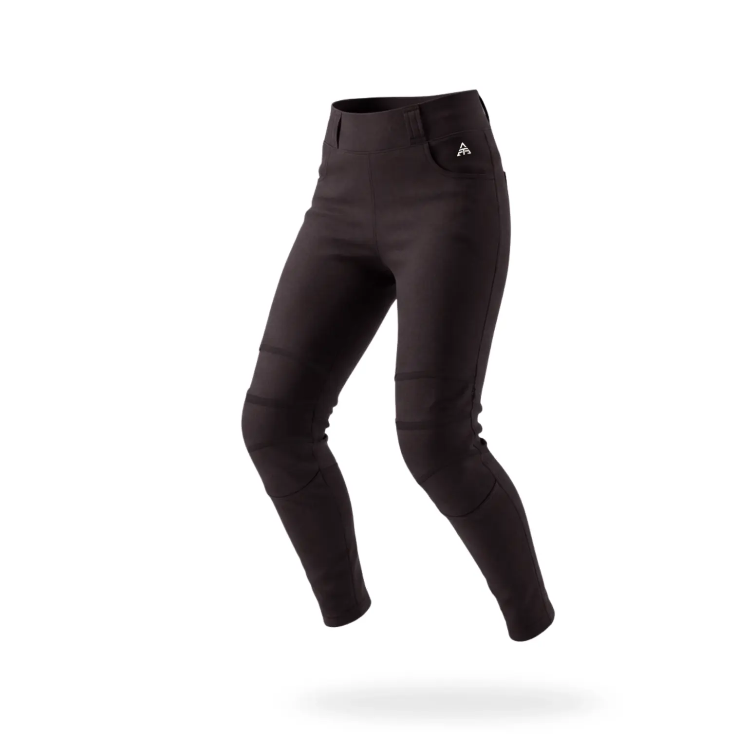 Black women’s motorcycle leggings with high waist and knee reinforcements, for protected city rides