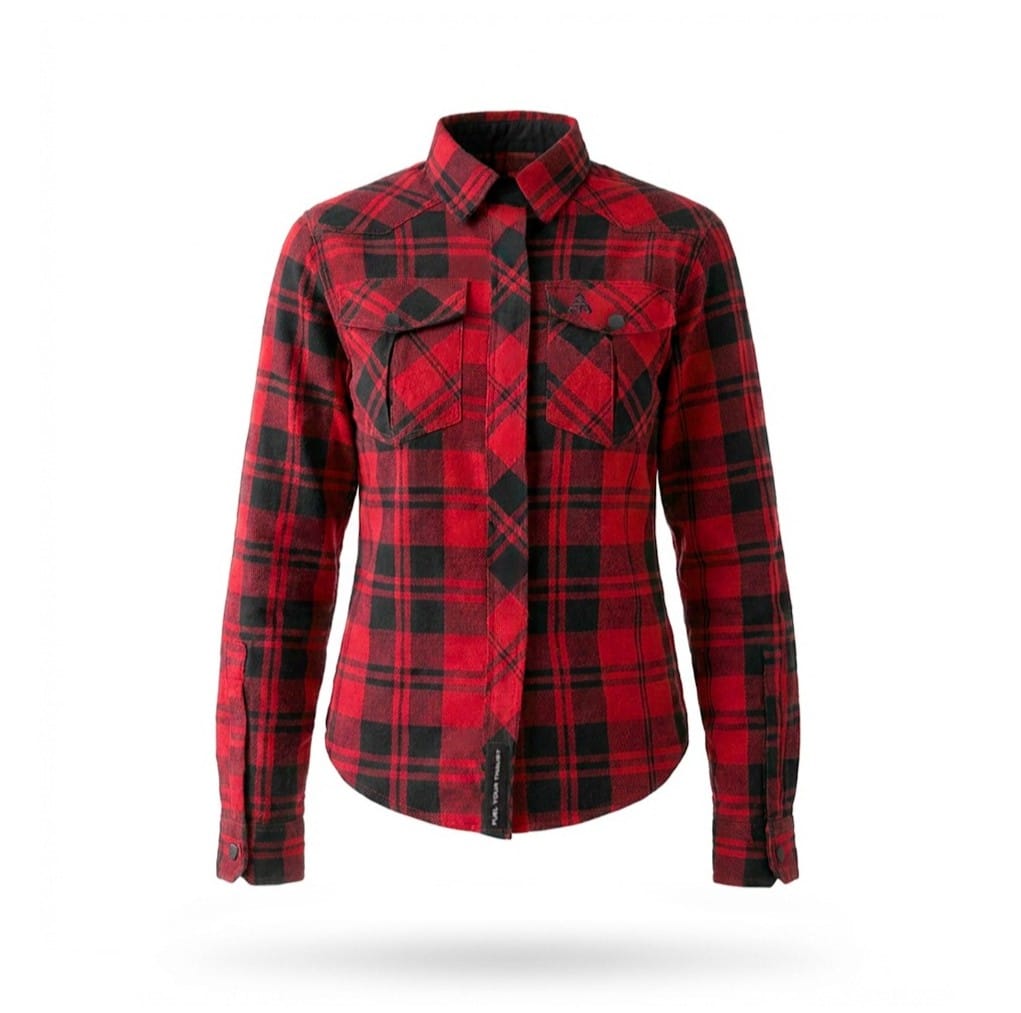 Red black plaid motorcycle shirt, front view—women’s protective flannel style for safe city rides